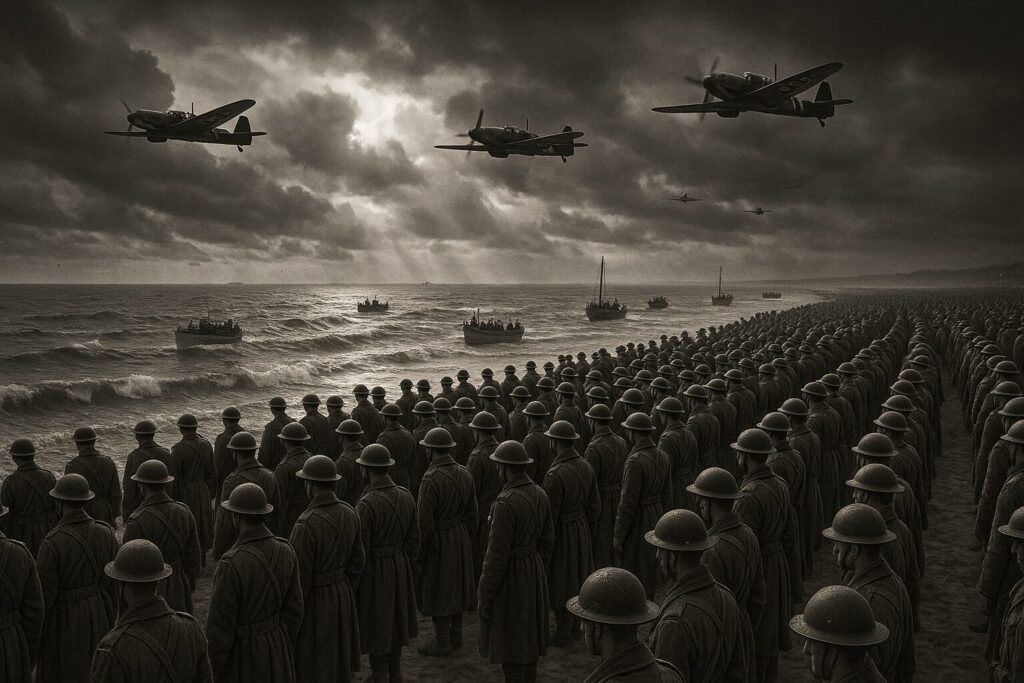 ダンケルク撤退作戦で浜辺に並ぶイギリス兵と救出に向かう小型船(1940年)