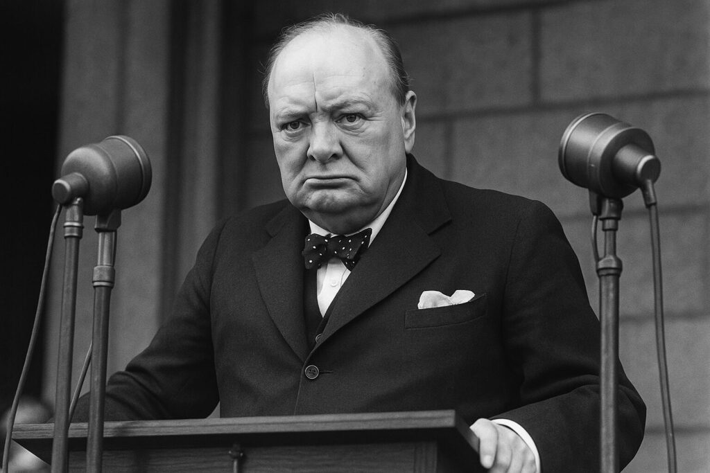 ダンケルク撤退後に演説するウィンストン・チャーチル首相(1940年)