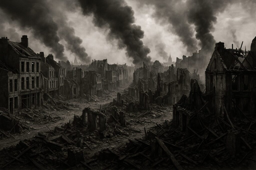 ドイツ空軍の爆撃で破壊されたダンケルク市街(1940年)