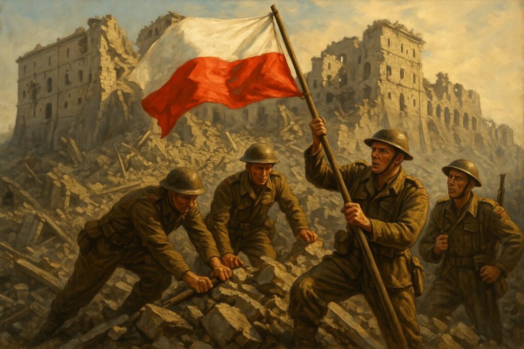 1944年5月18日モンテ・カッシーノ修道院廃墟でポーランド国旗を掲げるポーランド軍兵士