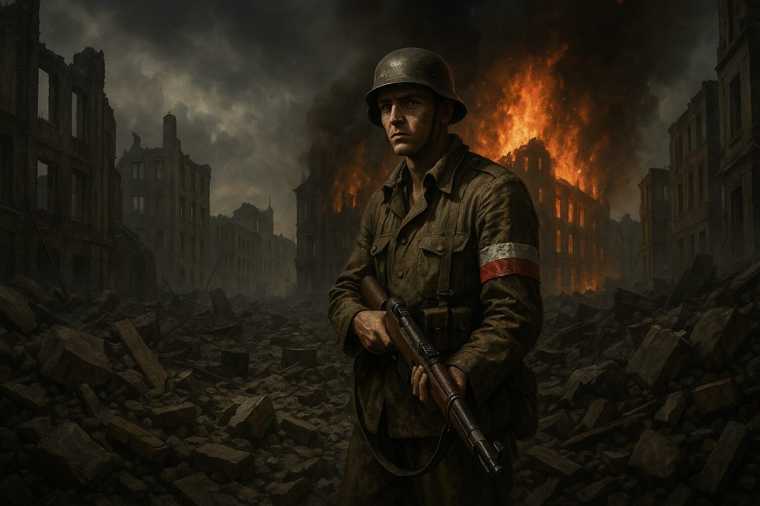 ワルシャワ蜂起で戦うポーランド国内軍兵士と廃墟と化した市街地