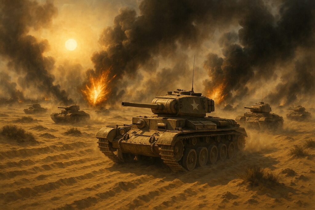 エル・アラメインの戦い 1942年北アフリカ戦線でのイギリス軍戦車部隊の進撃シーン