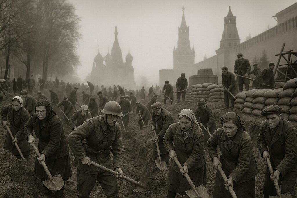モスクワ防衛戦・塹壕を掘る市民と兵士たち、クレムリンを背景に（1941年10月）