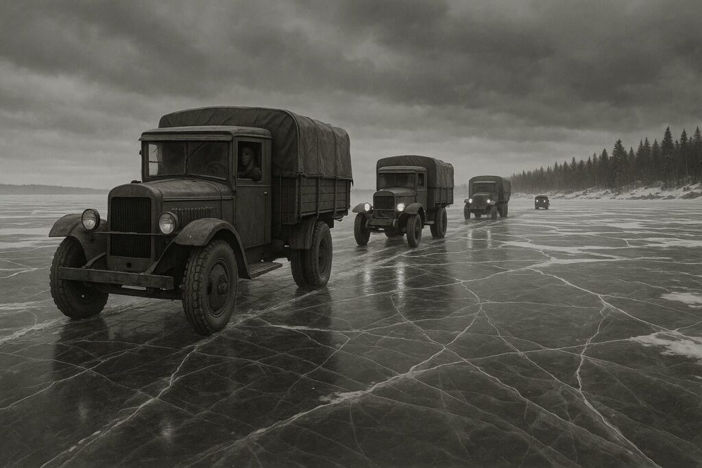 レニングラード包囲戦の「氷の道」を走る補給トラック、ラドガ湖上の凍結した道路