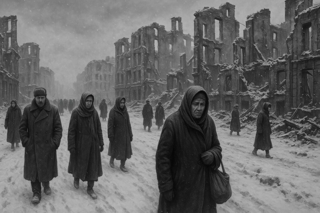 レニングラード包囲戦時の冬の街並み、雪に覆われた廃墟と市民の姿