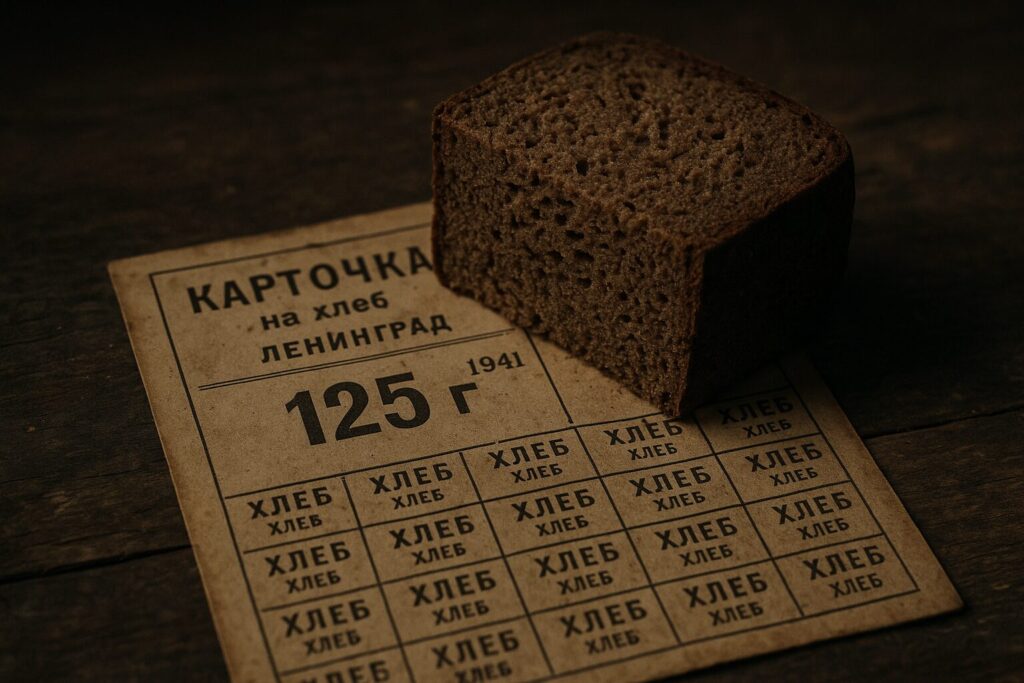 レニングラード包囲戦時の配給パン125グラムと配給カード、最低限の食料配給