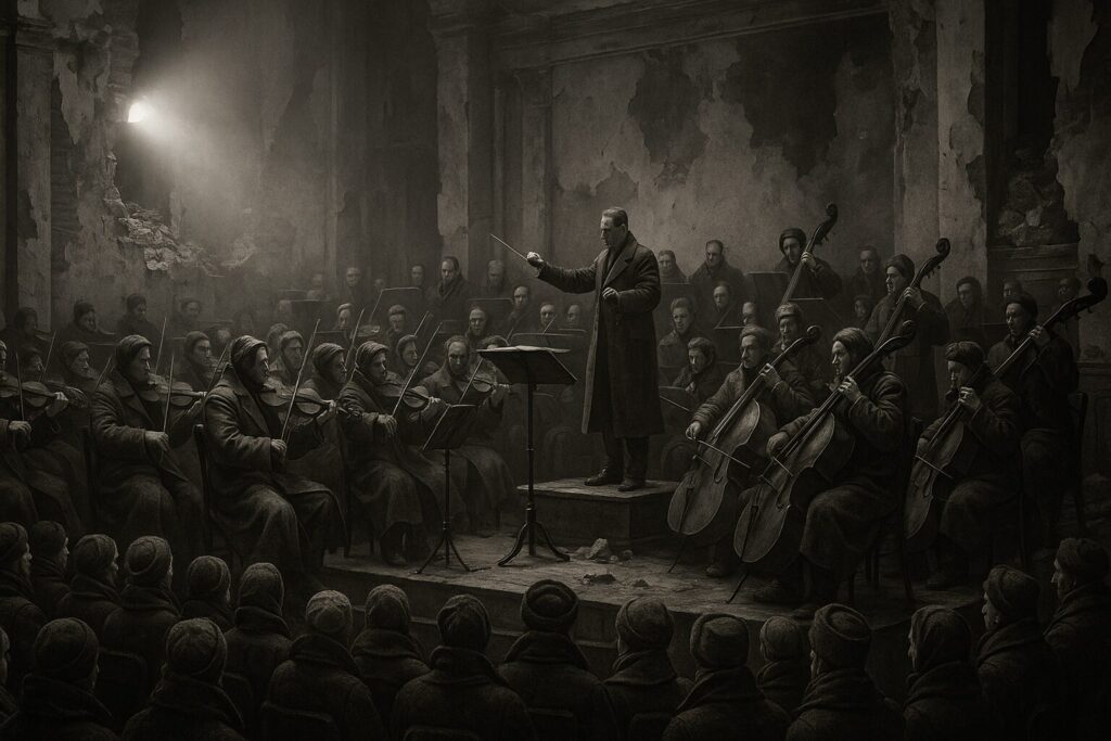 包囲下のレニングラードでショスタコーヴィチ交響曲第7番を演奏するオーケストラ、1942年