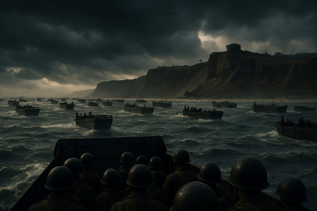 1944年6月6日ノルマンディー上陸作戦D-Dayオマハ・ビーチに接近する上陸用舟艇と兵士たち