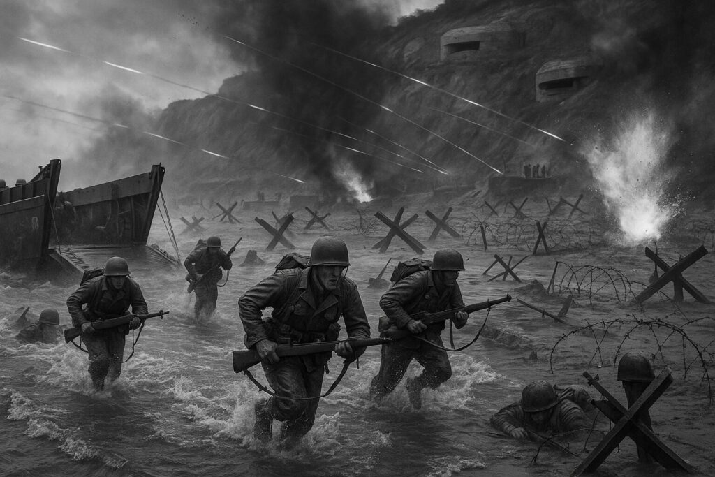 オマハ・ビーチ上陸作戦で機関銃の弾幕を受けながら前進するアメリカ兵