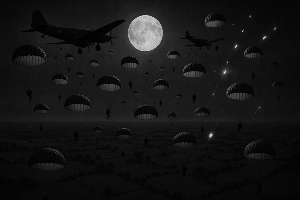 D-Day前夜にノルマンディー上空で降下するアメリカ空挺部隊