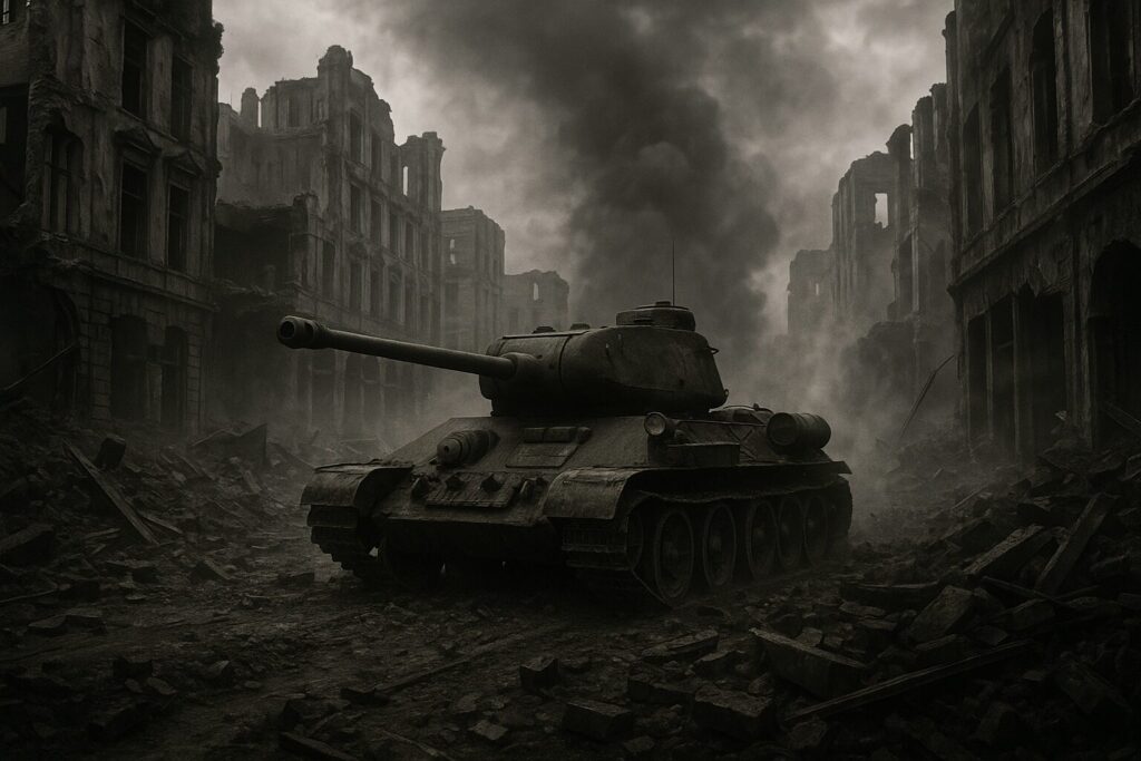 ベルリン市街戦を進撃するソ連軍T-34戦車と廃墟となったベルリンの街並み