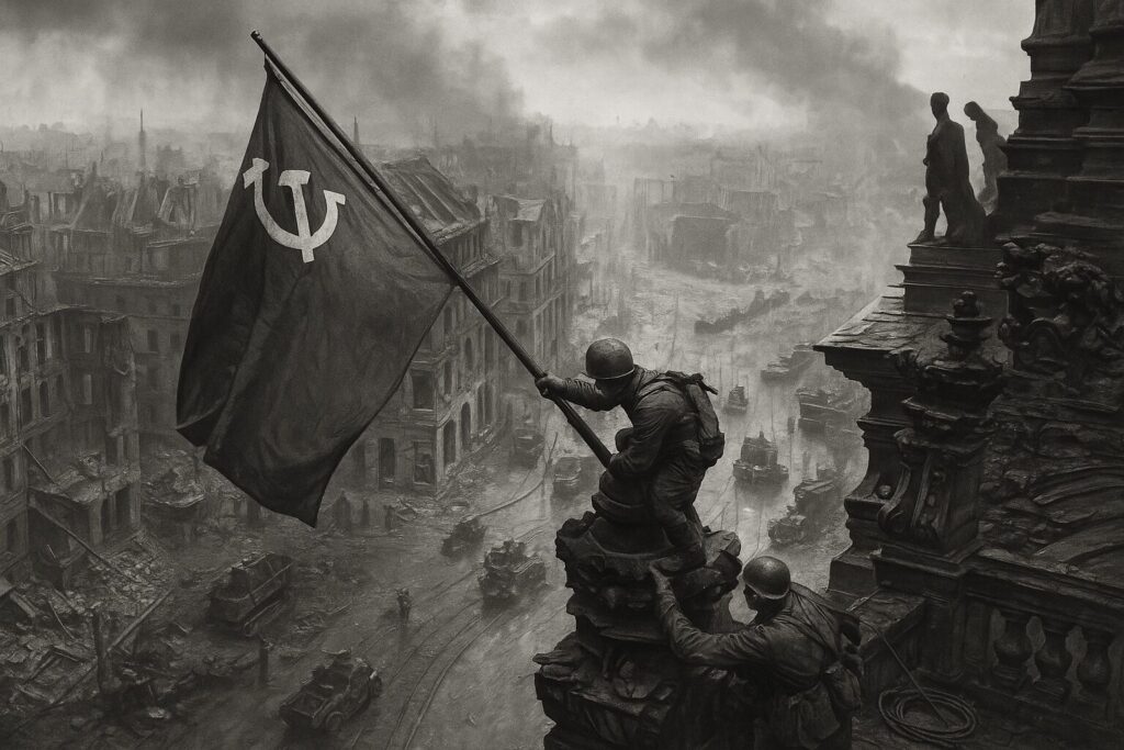 国会議事堂屋上に赤旗を掲げるソ連兵、ベルリン陥落の象徴的瞬間