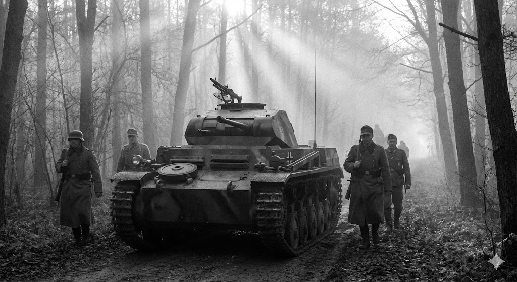 第二次世界大戦中のドイツII号戦車が霧の森を進む様子