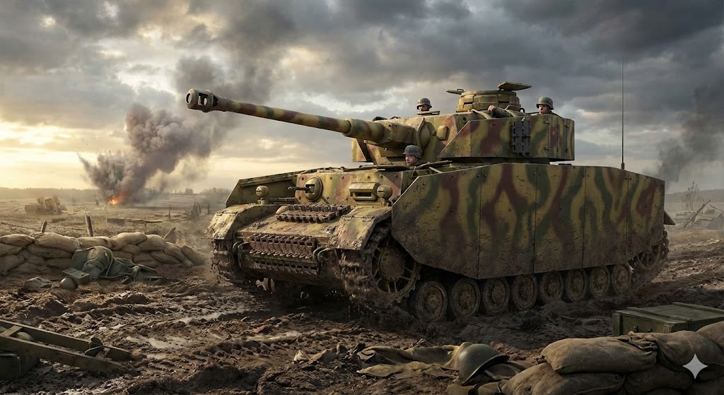 V号戦車が戦場を進む様子。長砲身75mm砲と側面装甲板（シュルツェン）が特徴的なH型後期生産型。