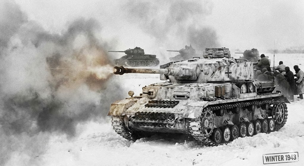 東部戦線で戦うIV号戦車。冬の雪景色の中、ソ連軍T-34戦車と交戦する様子。