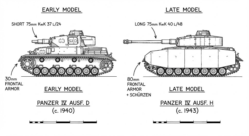 IV号戦車の進化。左が短砲身75mm砲の初期型、右が長砲身75mm砲の後期型。砲身長と装甲厚の違いが明確。