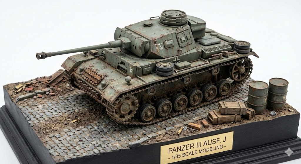 精密に塗装されたIII号戦車のプラモデル作例