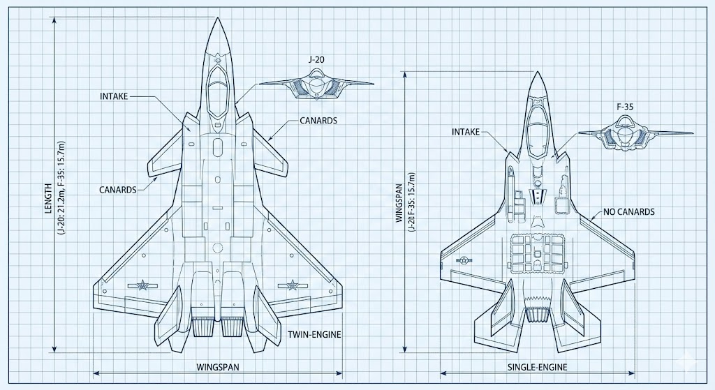 中国J-20戦闘機と米国F-35戦闘機を並べた比較イラスト。サイズ、形状、カナードの有無などの違いが明確。技術的で客観的なデザイン。