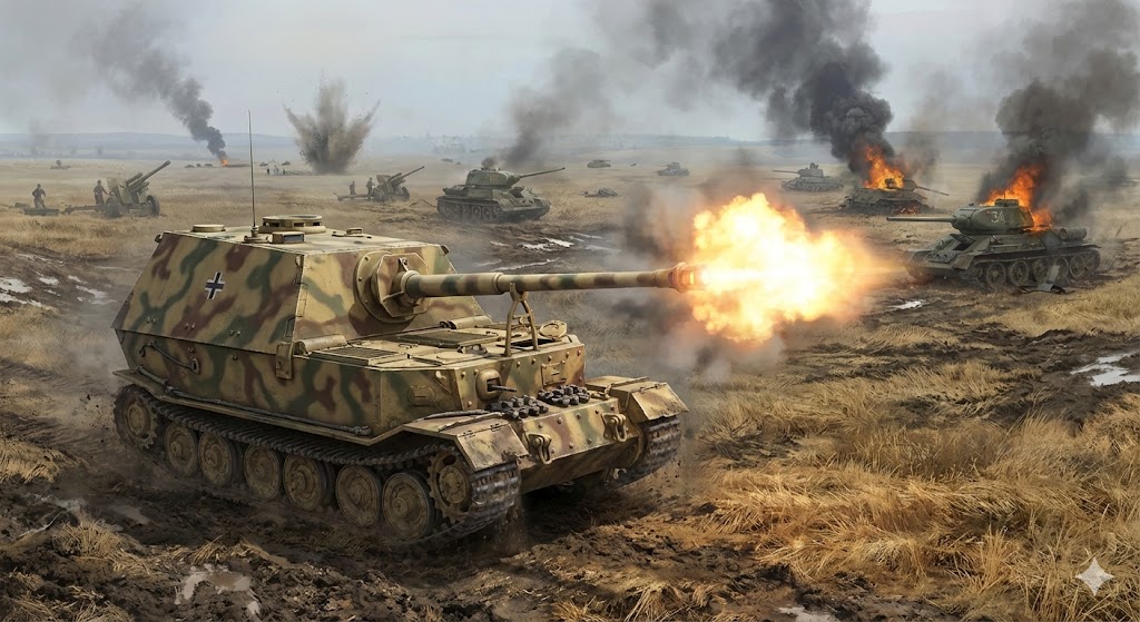 クルスクの戦いで戦うエレファント駆逐戦車。88mm砲を発射し、破壊されたソ連軍T-34戦車が背景に見える1943年7月の激戦