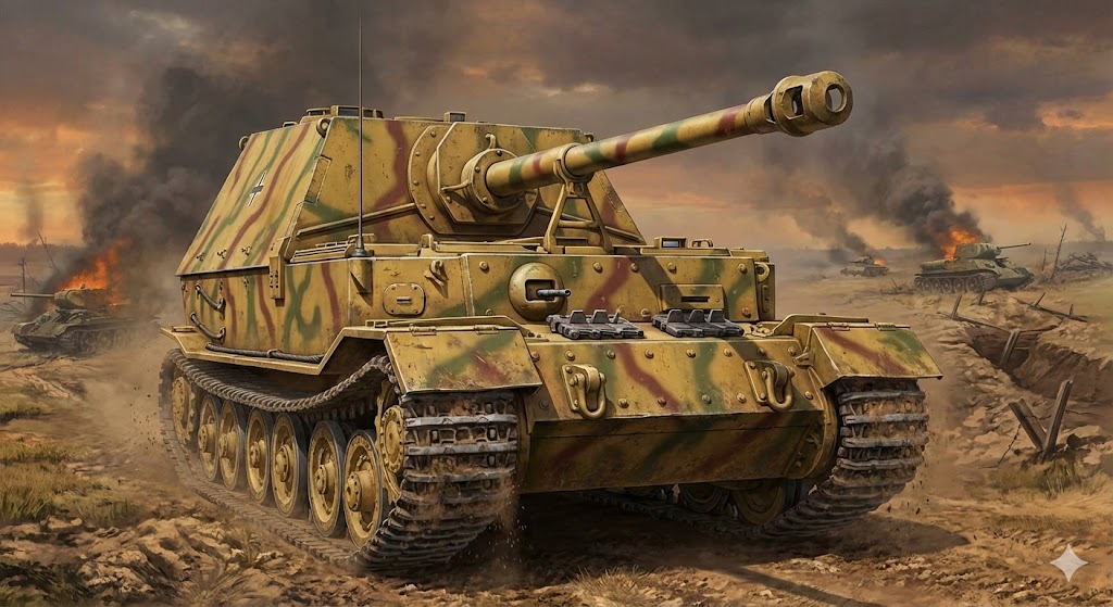 エレファント駆逐戦車の正面図。200mm装甲と88mm長砲身砲が特徴のドイツ軍重駆逐戦車、クルスクの戦い1943年