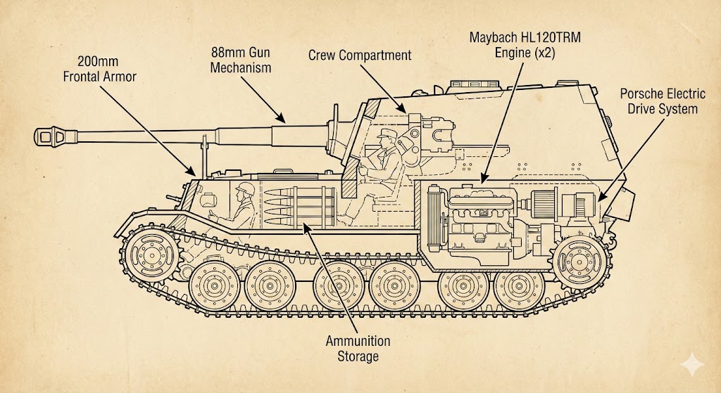 エレファント駆逐戦車の側面カットアウェイ図解。ポルシェ式電気駆動システム、200mm装甲、88mm砲機構、乗員配置を示す技術図