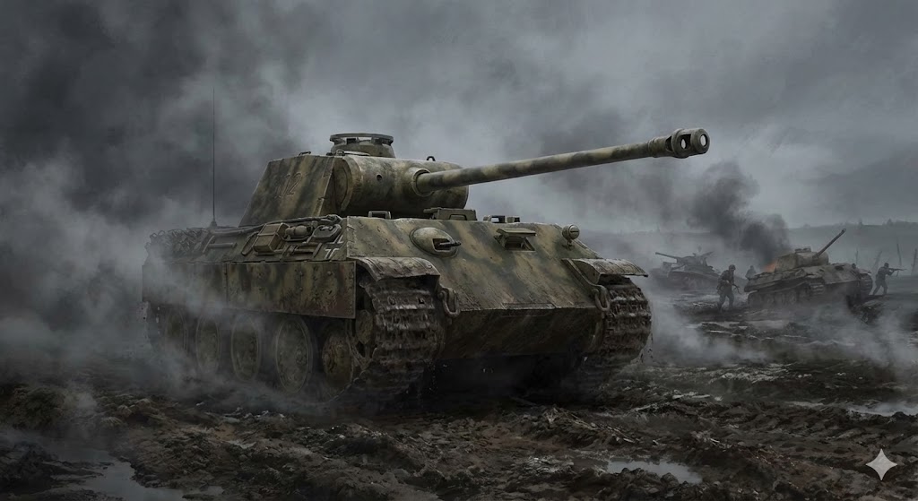 パンターV型戦車が泥濘の戦場から現れる劇的なシーン