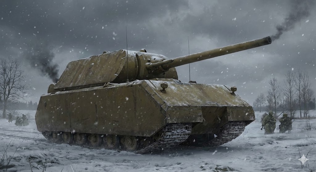1945年冬のドイツ・マウス超重戦車（VIII号戦車マウス）のイメージイラスト。188トンの巨体と128mm主砲が特徴的。