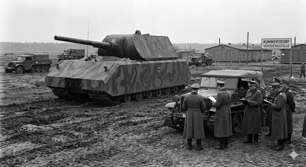 1944年クンマースドルフ試験場でのマウス超重戦車の試験風景イメージ。