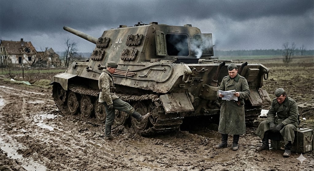 泥濘にはまり動けなくなったヤークトティーガーと乗員たち