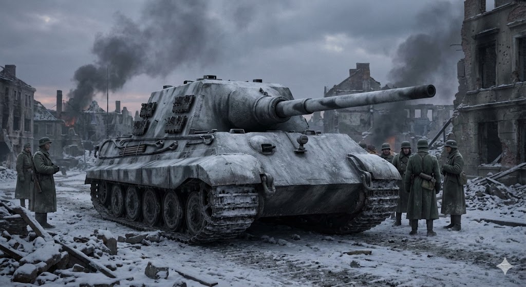 1945年ドイツの廃墟となった町に陣取るヤークトティーガー駆逐戦車