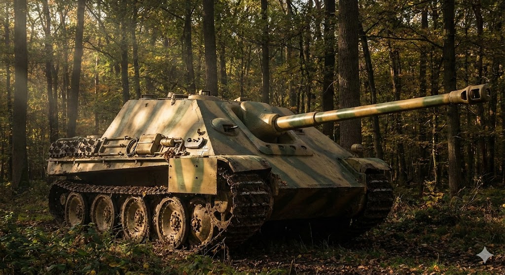 第二次世界大戦ドイツ軍ヤークトパンター駆逐戦車の全体像｜88mm砲と傾斜装甲を備えた流麗なフォルム