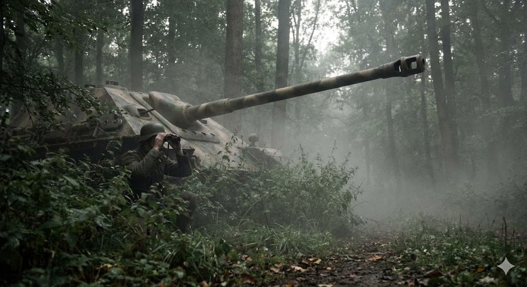 霧の森に潜むヤークトパンター｜待ち伏せ戦術を再現した情景イメージ