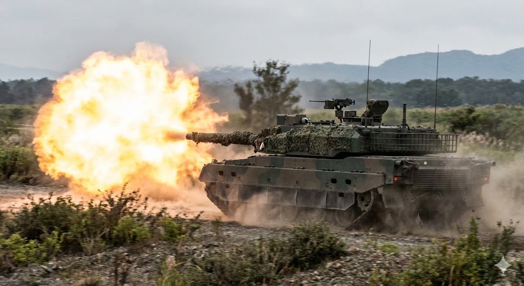 高速移動中に精密射撃を行う10式戦車。世界最高峰の射撃統制システムが可能にする移動射撃