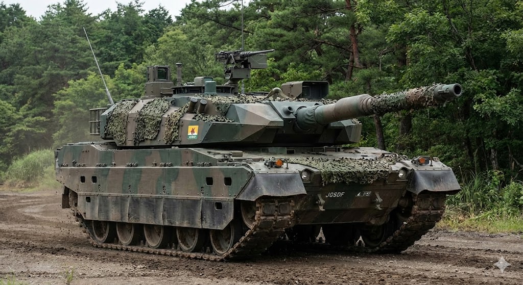 陸上自衛隊の10式戦車。44トンの軽量ボディに120mm滑腔砲を搭載した世界最高峰の機動戦車