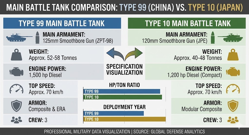 99式戦車と10式戦車のスペック比較表。重量、火力、装甲、機動性などを視覚的に比較