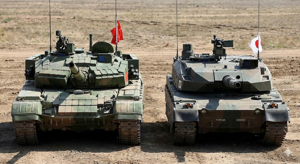 中国99式戦車と日本10式戦車の正面比較。重装甲の99式と軽量コンパクトな10式の設計思想の違いが一目瞭然