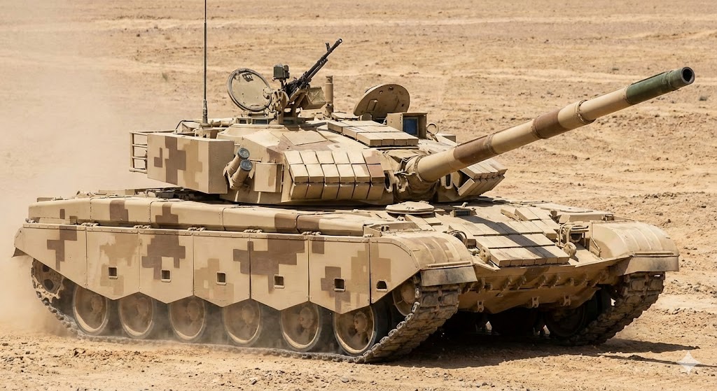 "中国人民解放軍の99式主力戦車（ZTZ-99A）の全体像。125mm滑腔砲と爆発反応装甲が特徴的"