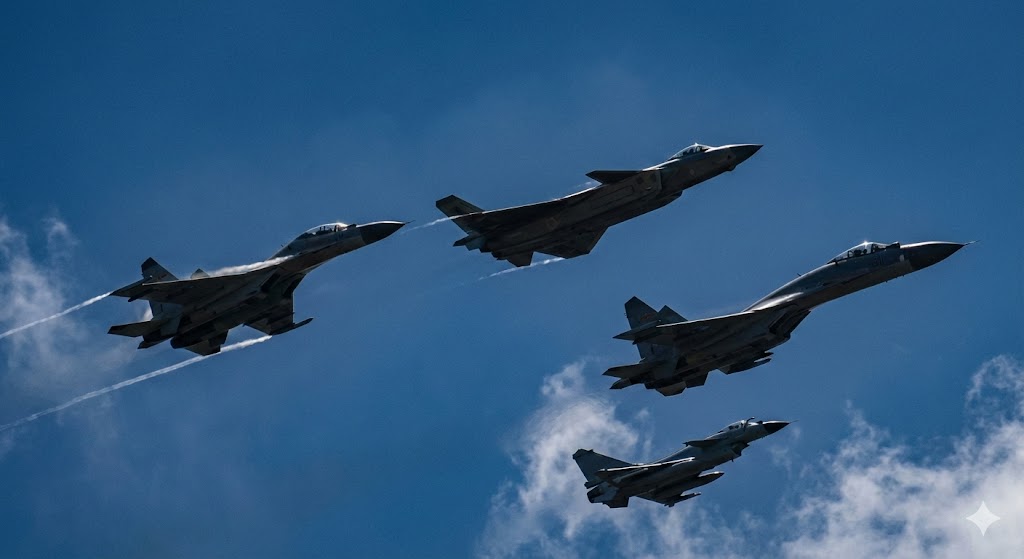 中国空軍の主力戦闘機編隊飛行イメージ - J-10、J-11、J-16、J-20