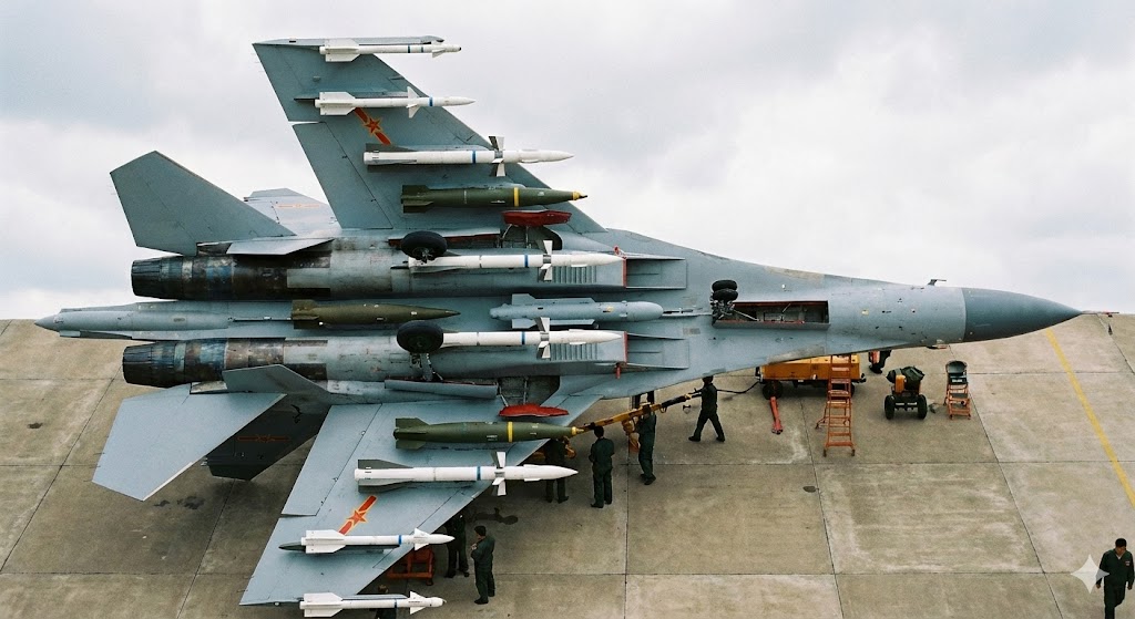 中国空軍J-16戦闘攻撃機の兵装展示 - 多様なミサイルと爆弾搭載状態