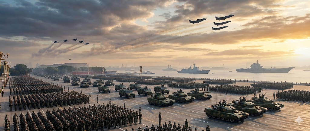 中国人民解放軍の軍事パレードの様子。戦車、戦闘機、艦艇が一堂に会する