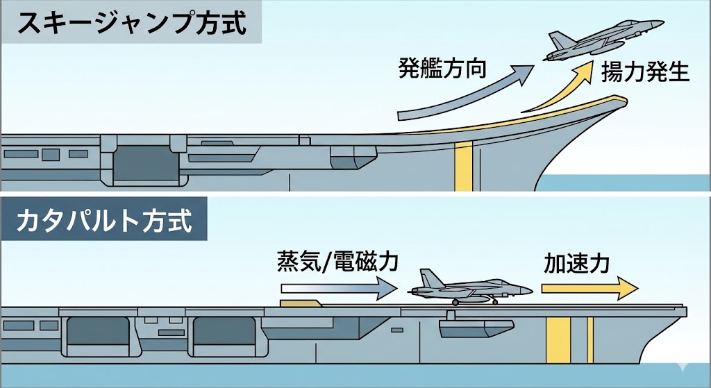 スキージャンプ式とカタパルト式の発艦方式の違いを示す技術図解