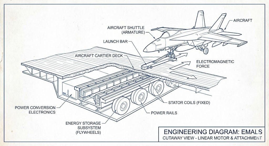 電磁カタパルト(EMALS)の構造と仕組みを示す技術イラスト