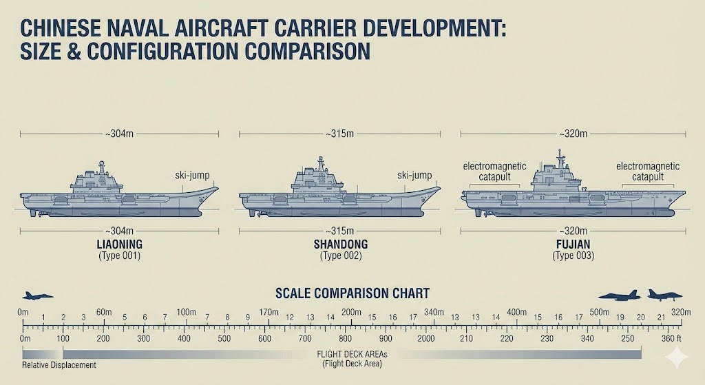中国海軍の3隻の空母、遼寧・山東・福建の大きさと発艦方式の比較図