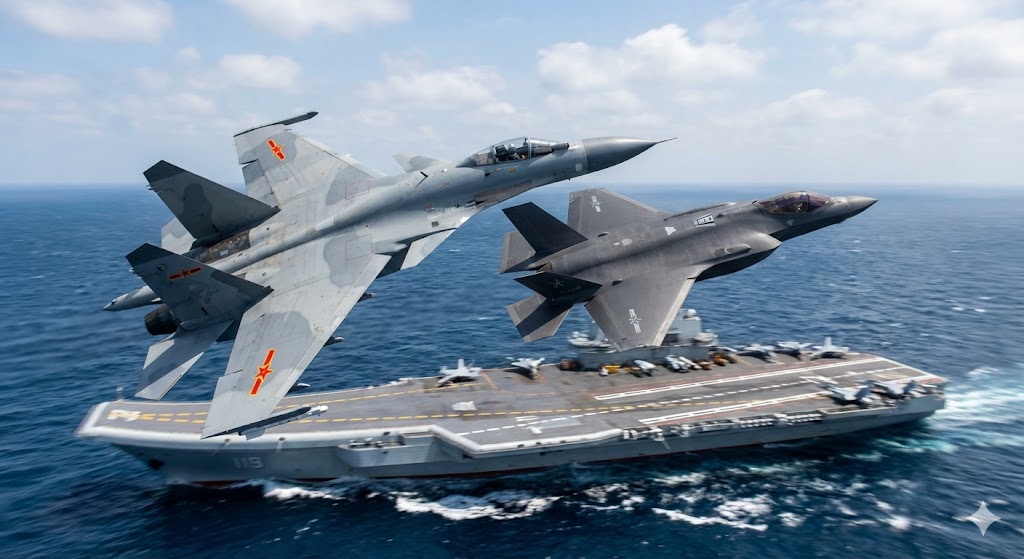 福建に搭載される艦載戦闘機J-15とステルス戦闘機J-35のイメージ