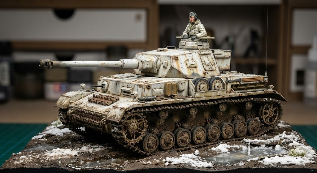 タミヤ1/35スケールIV号戦車H型のプラモデル完成品。リアルなウェザリング塗装が施されている。