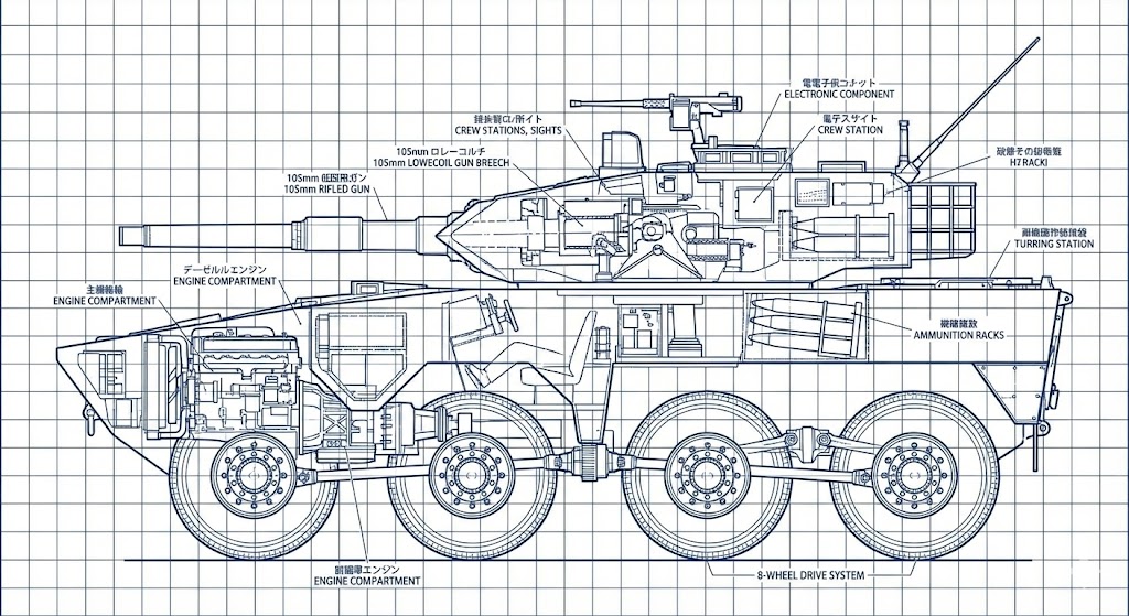 16式機動戦闘車の内部構造を示す透視図