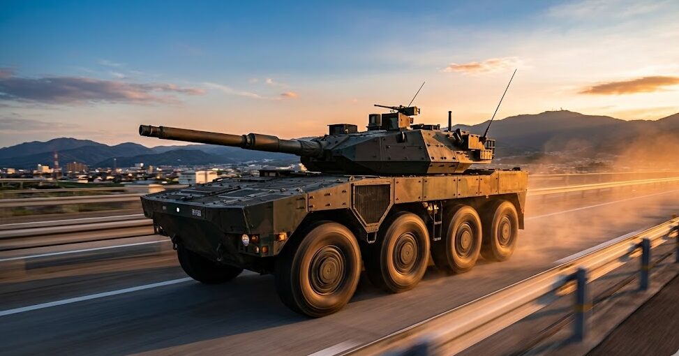 高速道路を疾走する陸上自衛隊16式機動戦闘車の勇姿