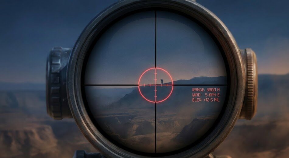 3800m先の標的を狙うスナイパーのスコープ視点イメージ