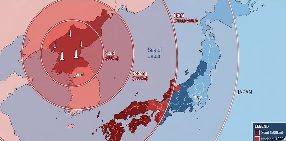北朝鮮の弾道ミサイル射程と日本への脅威を示す地図。ノドンは日本全土を射程に収める