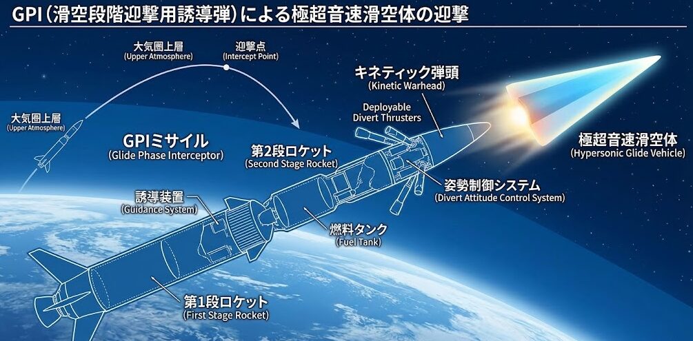 日米共同開発中のGPI（滑空段階迎撃用誘導弾）が極超音速滑空体を迎撃するイメージ図